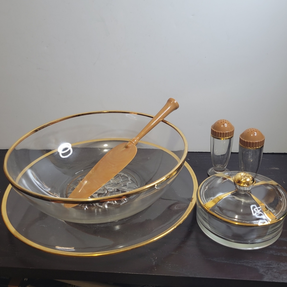 Vtg Gailstyn It's a "Dilly" 22K Gold Gilt Rimmed Glass Lot of 7 Serve Ware